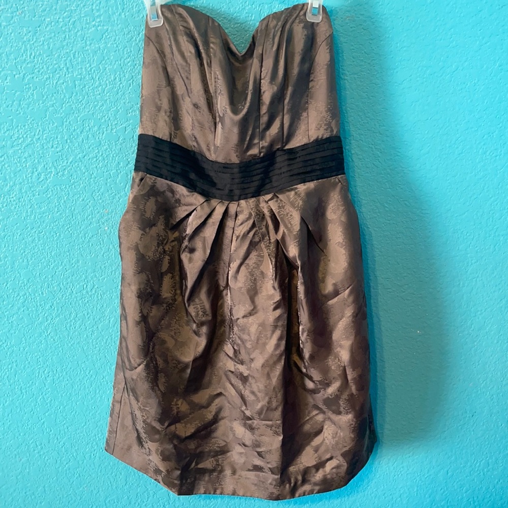 Tan Patterned Strapless Cocktail Dress